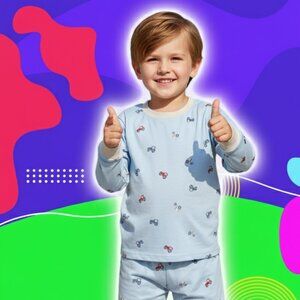 Kids Light Blue Car Print Pajama Set – Soft Cotton Sleepwear NWT